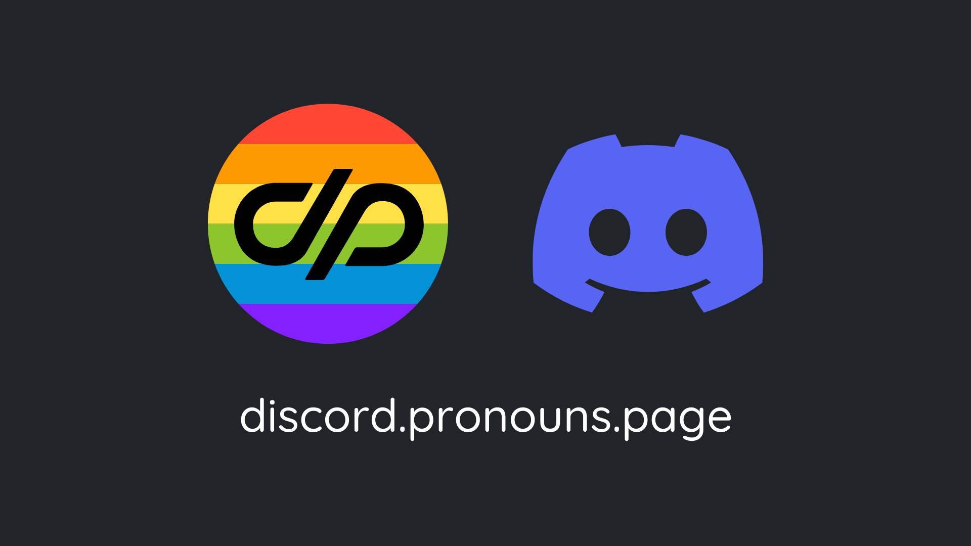 Logo of the Community server (PP logo on a pastel rainbow background) next to Discord's logo. Below text: discord.pronouns.page