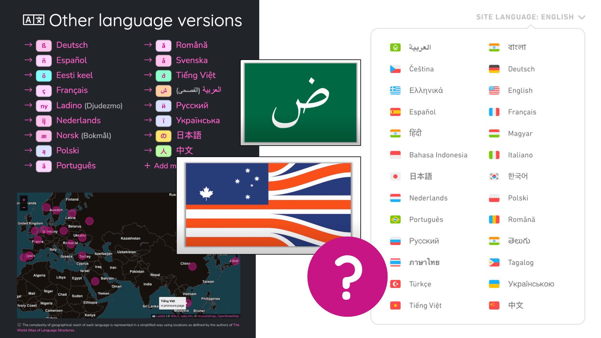 A collage of a bunch of methods mentioned later in the article (list of languages with graphemes, a map, Duolingo's flags, combined flags…)